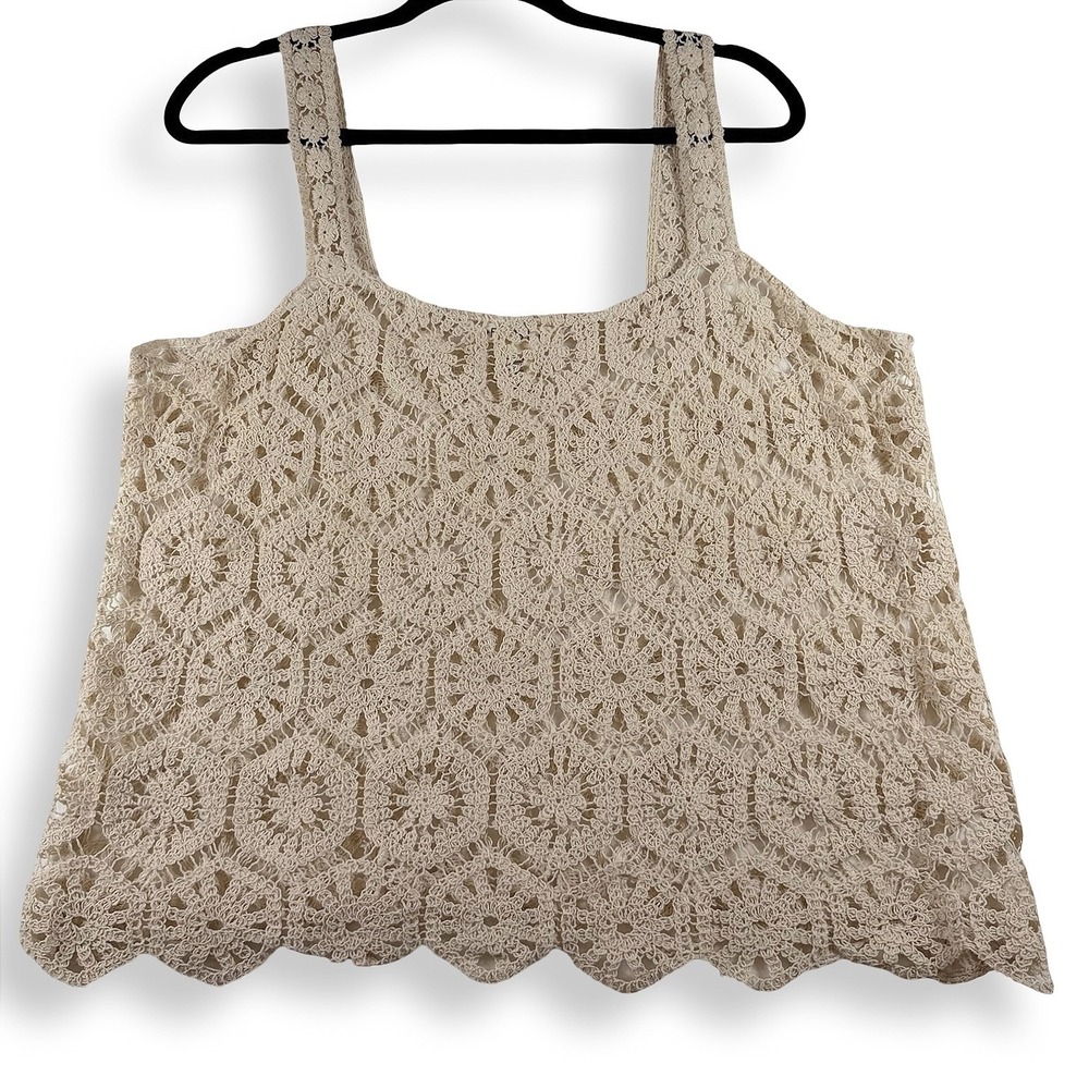 FESTI Torrid Beige Crochet Floral Medallion Tank Top Scallop Hem Sz 2x Plus Boho